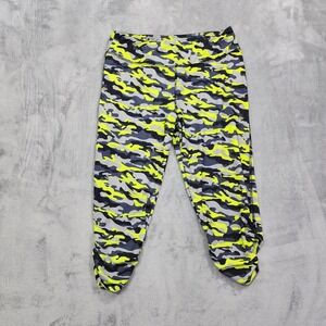 Hard Candy Sport Leggings Womens L Neon Yellow Gray Black Camo Ruched Crop Ankle